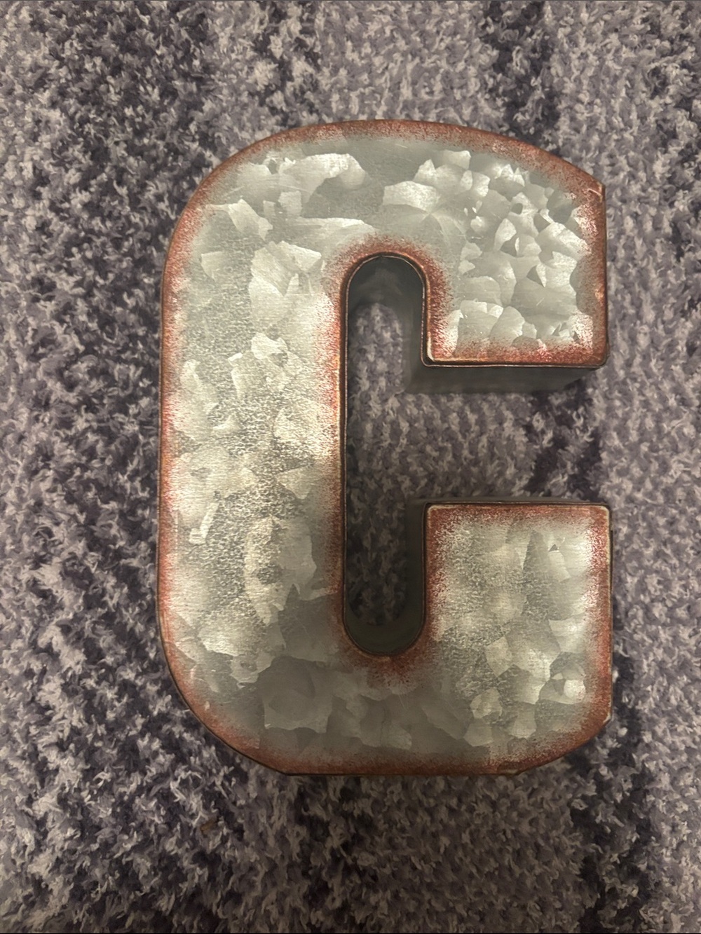Source Unknown Metallic Galvanized Letter C with Rust Accent